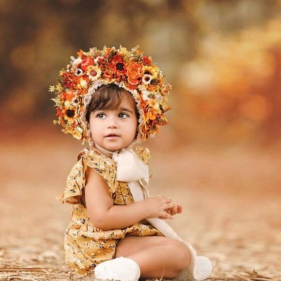 Fall  Thanksgiving Dress Jumpsuit Floral Girl Outfit Clothes romper mustard - Picture 2 of 4